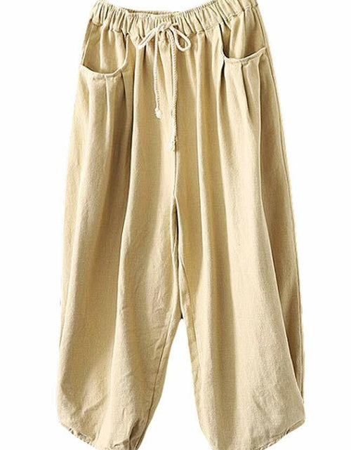 Load image into Gallery viewer, Minibee Womens Wide Leg Capri Pants Drawstring Waist Pockets Beige Size L
