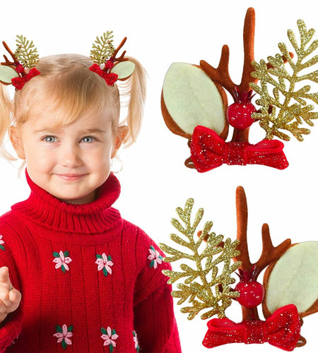 Christmas Bow Hair Clips Red Gold Reindeer Antler 2PCS Holiday Accessories