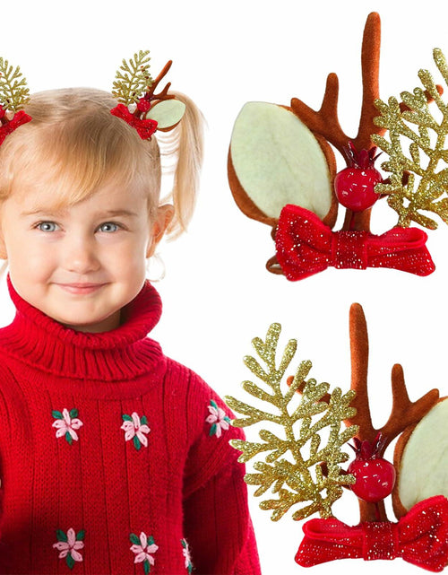 Load image into Gallery viewer, Christmas Bow Hair Clips Red Gold Reindeer Antler 2PCS Holiday Accessories
