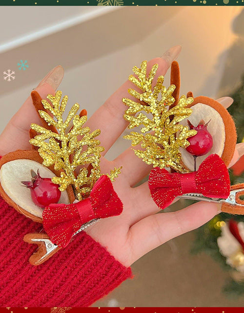 Load image into Gallery viewer, Christmas Bow Hair Clips Red Gold Reindeer Antler 2PCS Holiday Accessories
