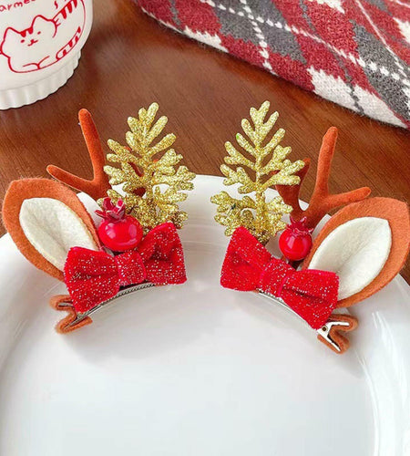 Christmas Bow Hair Clips Red Gold Reindeer Antler 2PCS Holiday Accessories