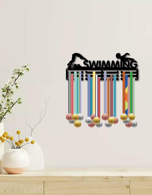 Load image into Gallery viewer, CREATCABIN Metal Swimming Medal Holder Rack Wall Mount Black 15.7x6in

