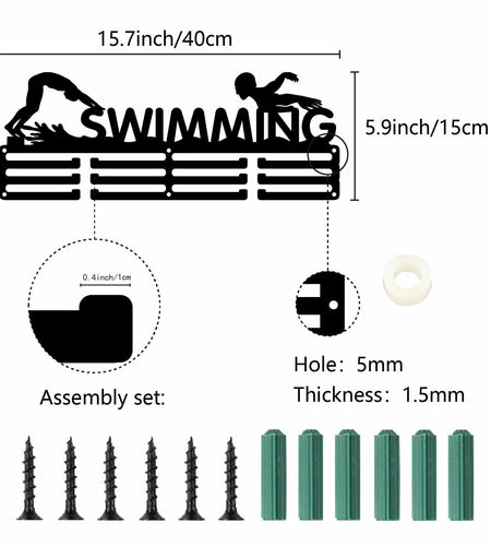CREATCABIN Metal Swimming Medal Holder Rack Wall Mount Black 15.7x6in