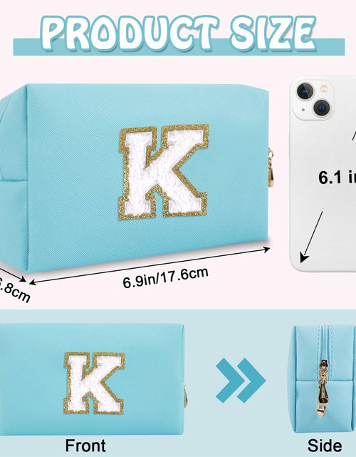 Load image into Gallery viewer, Personalized Chenille Letter K Makeup Bag Small Blue Waterproof PU Leather
