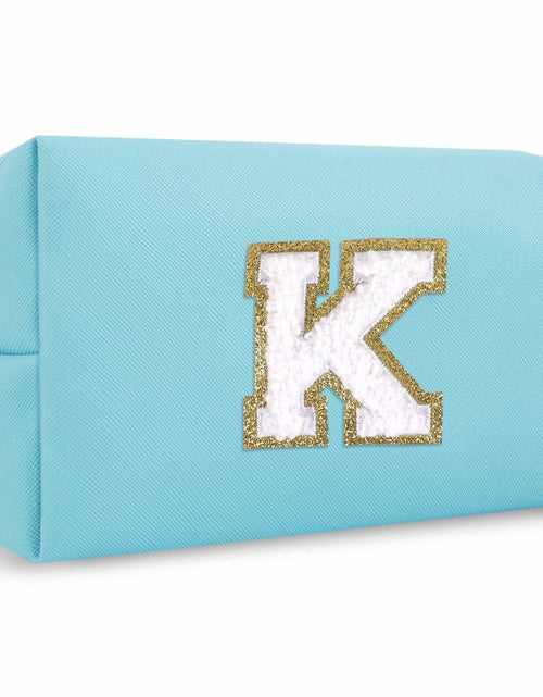 Load image into Gallery viewer, Personalized Chenille Letter K Makeup Bag Small Blue Waterproof PU Leather

