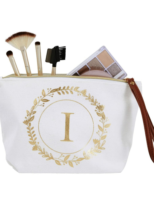 Load image into Gallery viewer, Glamlily Gold Initial I Personalized Makeup Bag White 10x3x6 In
