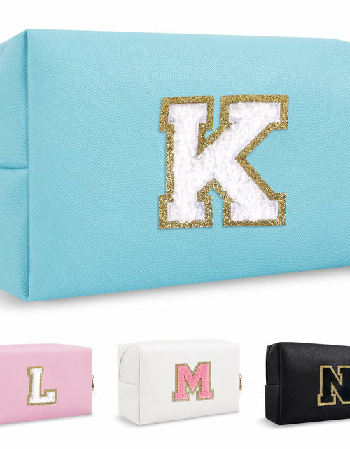 Load image into Gallery viewer, Personalized Chenille Letter K Makeup Bag Small Blue Waterproof PU Leather
