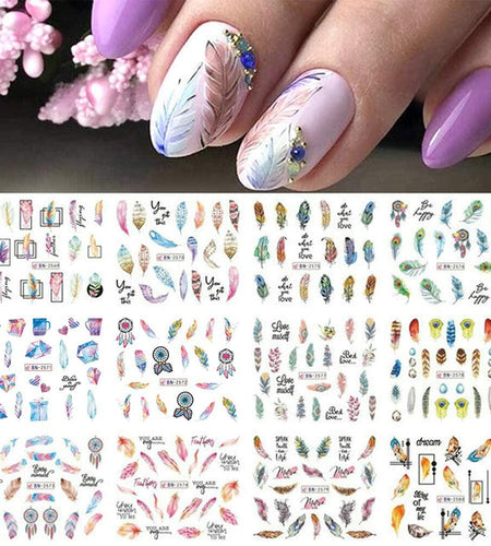 Feather Nail Water Sticker Decals Dream Catcher Colorful 12PCS Nail Art