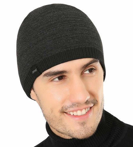 Winter Beanie Skull Cap Warm Knit Lined Outdoor Hat 4-Black&Grey - M Size