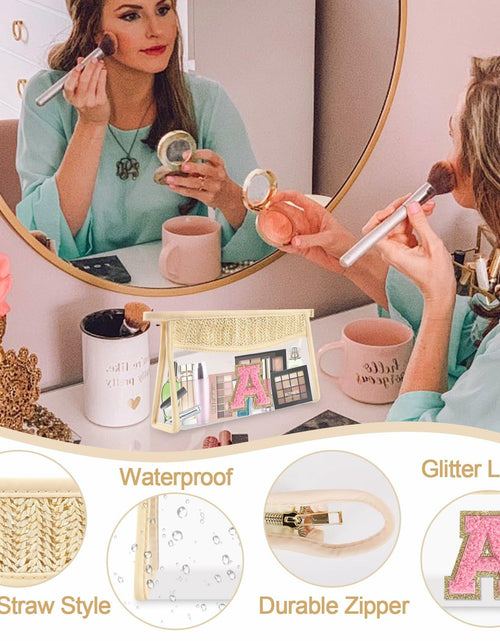 Load image into Gallery viewer, Personalized Initial Small Boho Straw Clear Makeup Bag Waterproof PVC Travel
