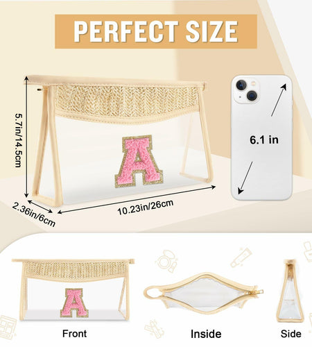 Personalized Initial Small Boho Straw Clear Makeup Bag Waterproof PVC Travel