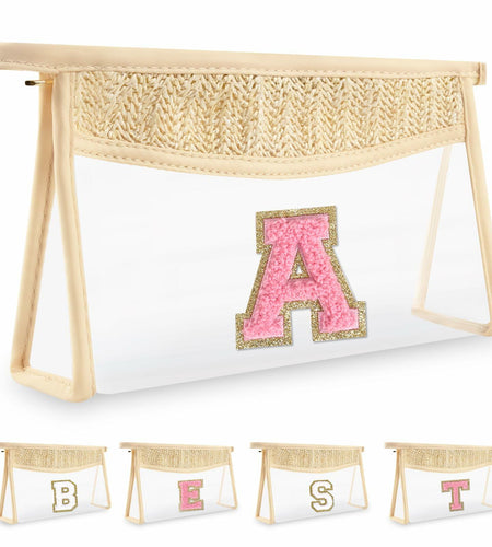 Personalized Initial Small Boho Straw Clear Makeup Bag Waterproof PVC Travel