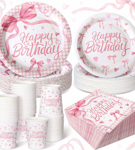 Coquette Pink Bow Birthday Party Supplies 216 Pcs Plates Napkins Set