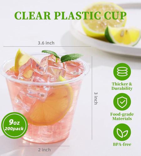 WELLIFE 9oz Clear Plastic Cups 200 Pack Disposable Party Glasses Wine Cold
