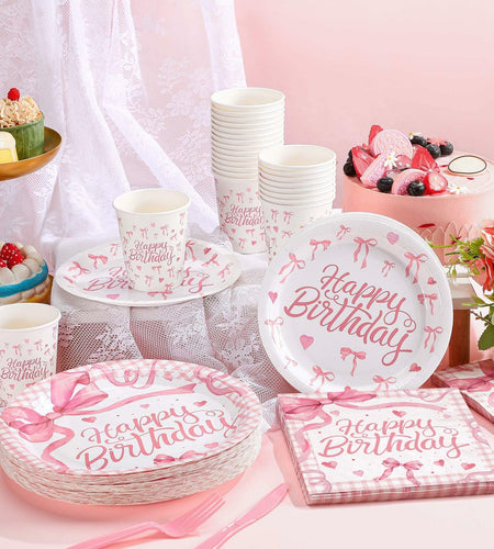 Coquette Pink Bow Birthday Party Supplies 216 Pcs Plates Napkins Set