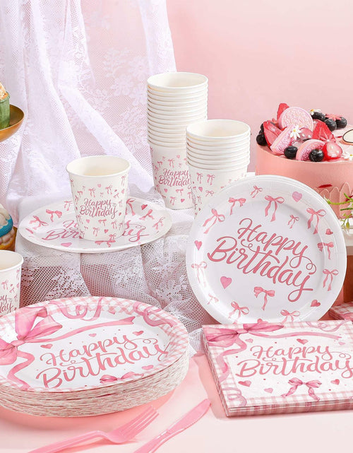 Load image into Gallery viewer, Coquette Pink Bow Birthday Party Supplies 216 Pcs Plates Napkins Set
