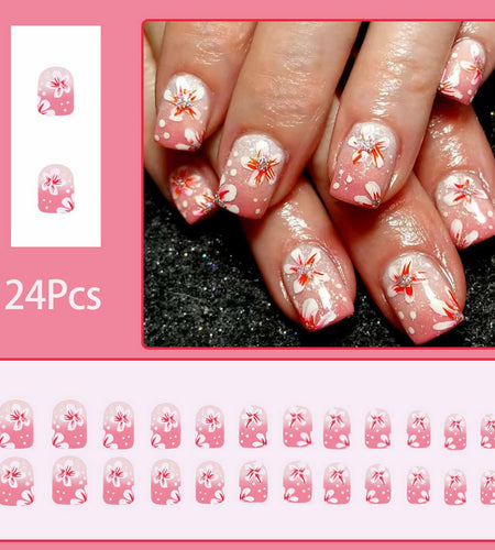 24Pcs Pink Gradient Press On Nails Short Floral Fake Nails with Glue Women