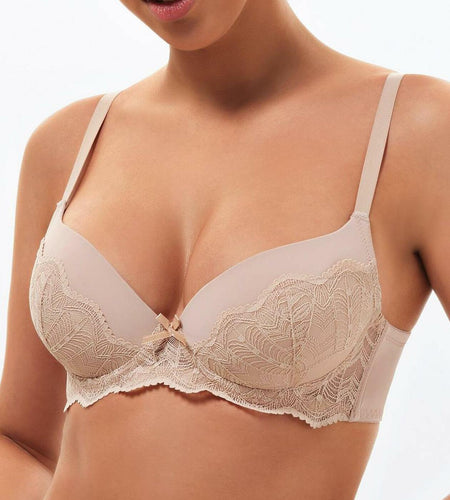 IHOIU Women's Lace Push Up Bra Padded Underwire Plunge Nude Size 34C