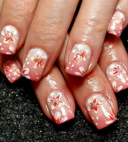24Pcs Pink Gradient Press On Nails Short Floral Fake Nails with Glue Women