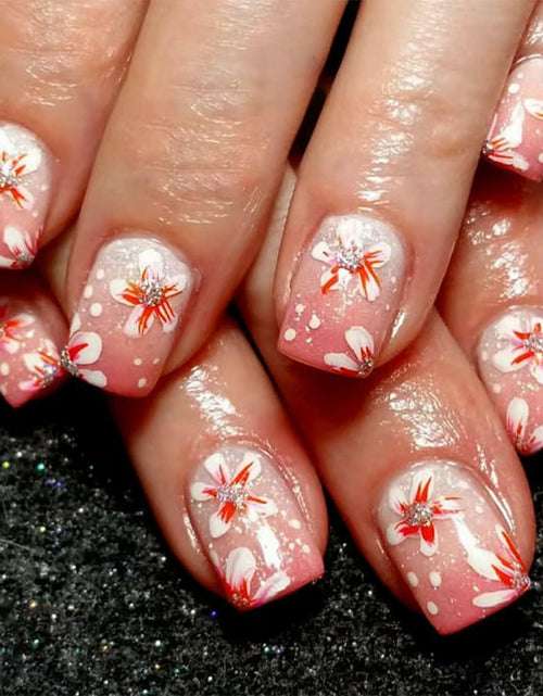 Load image into Gallery viewer, 24Pcs Pink Gradient Press On Nails Short Floral Fake Nails with Glue Women
