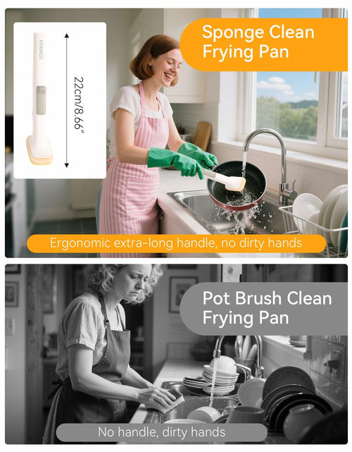 Load image into Gallery viewer, Soap Dispensing Dish Brush Set with 1 Long Handle &amp; 10 Natural Loofah Sponges
