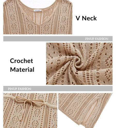 Pinup Fashion Crochet Bathing Suit Cover Up V Neck Apricot Size XXL