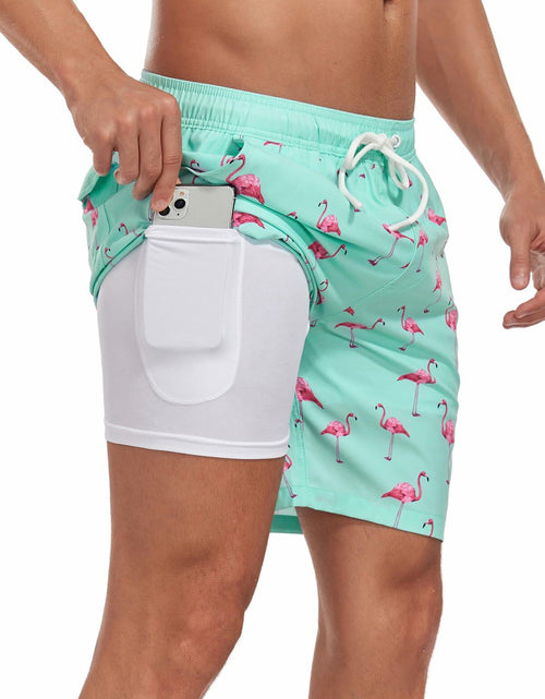 Load image into Gallery viewer, SHEKINI Mens Swim Trunks Quick Dry Compression Lining Pockets Light Green XL
