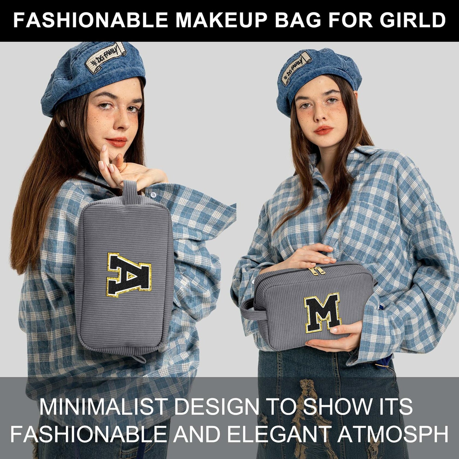 YOOLIFE Monogram Make Up Bag Birthday Gift for Women Girls Gray