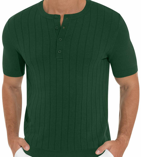 NITAGUT Mens Slim Fit Henley Shirt Short Sleeve Button Dark Green Size M