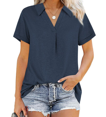 Women's Collared V Neck Polo T Shirt Plus Size Loose Fit Deep Blue Size S