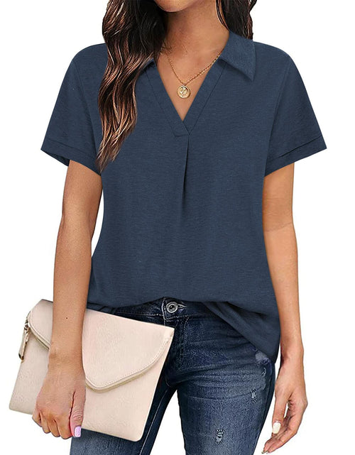 Load image into Gallery viewer, Women's Collared V Neck Polo T Shirt Plus Size Loose Fit Deep Blue Size S
