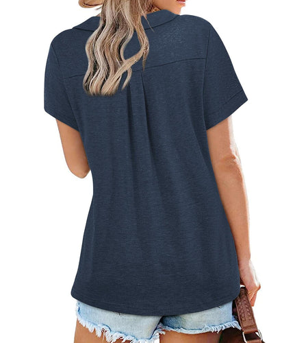 Women's Collared V Neck Polo T Shirt Plus Size Loose Fit Deep Blue Size S