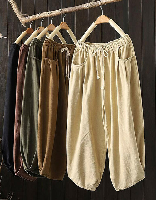Load image into Gallery viewer, Minibee Womens Wide Leg Capri Pants Drawstring Waist Pockets Beige Size L
