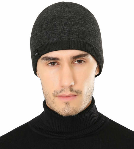 Winter Beanie Skull Cap Warm Knit Lined Outdoor Hat 4-Black&Grey - M Size