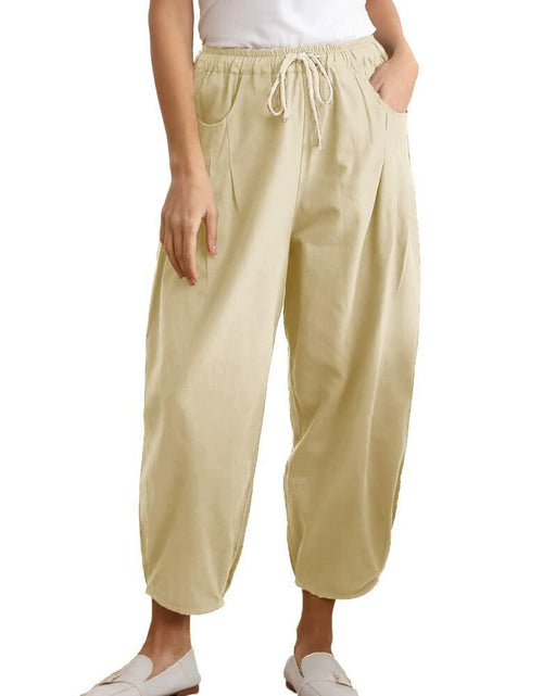 Load image into Gallery viewer, Minibee Womens Wide Leg Capri Pants Drawstring Waist Pockets Beige Size L
