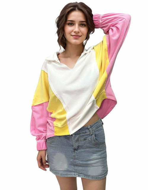 Load image into Gallery viewer, Buxitt Colorblock Oversized V-Neck Sweatshirt Women Patchwork Pullover XL
