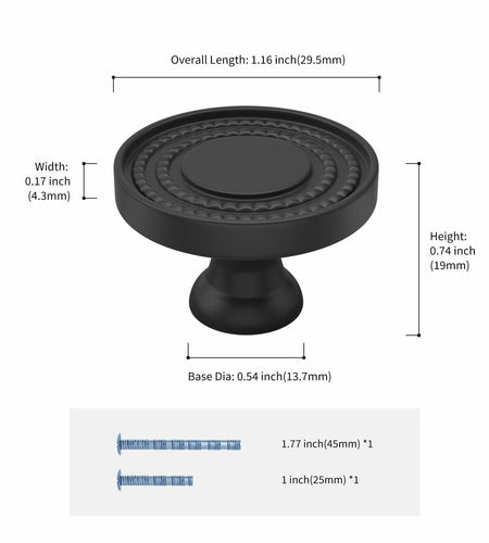 Leulan 5-Pack Black Knurled Cabinet Knobs Matte Drawer Pulls for Kitchen