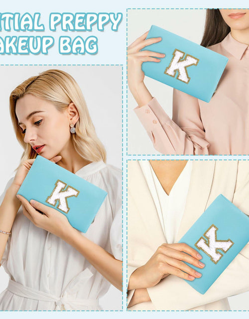 Load image into Gallery viewer, Personalized Chenille Letter K Makeup Bag Small Blue Waterproof PU Leather
