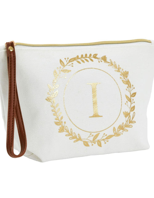 Load image into Gallery viewer, Glamlily Gold Initial I Personalized Makeup Bag White 10x3x6 In
