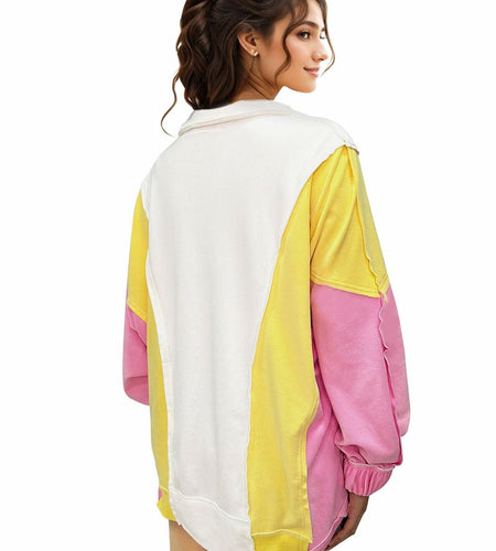 Buxitt Colorblock Oversized V-Neck Sweatshirt Women Patchwork Pullover XL