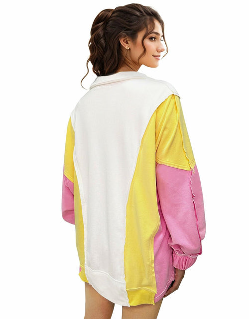Load image into Gallery viewer, Buxitt Colorblock Oversized V-Neck Sweatshirt Women Patchwork Pullover XL
