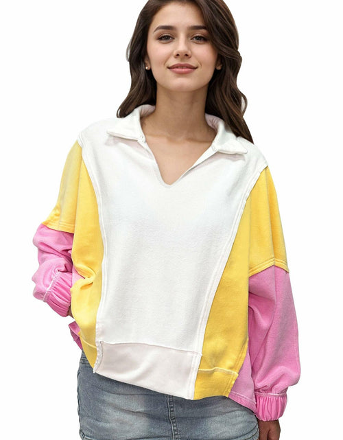 Load image into Gallery viewer, Buxitt Colorblock Oversized V-Neck Sweatshirt Women Patchwork Pullover XL
