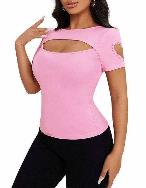 Load image into Gallery viewer, SOLY HUX Women's Beaded Cut Out Short Sleeve Tee Pink Size M
