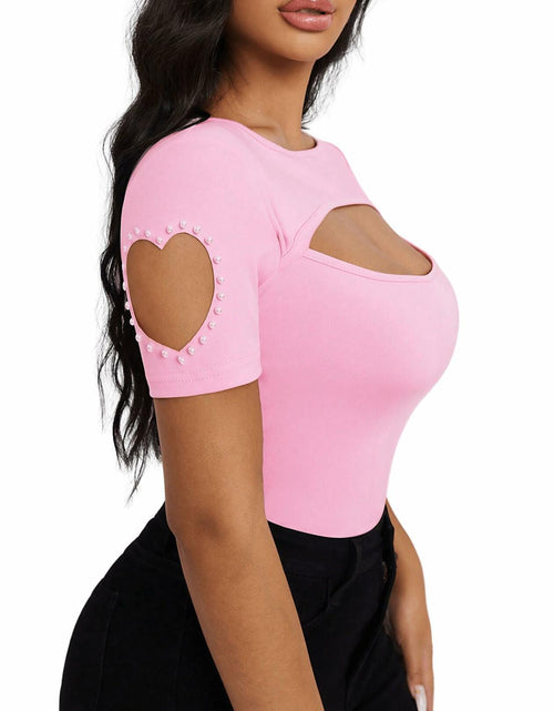 Load image into Gallery viewer, SOLY HUX Women's Beaded Cut Out Short Sleeve Tee Pink Size M
