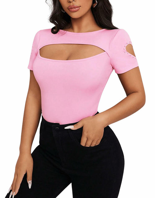 Load image into Gallery viewer, SOLY HUX Women's Beaded Cut Out Short Sleeve Tee Pink Size M
