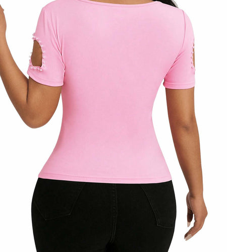 SOLY HUX Women's Beaded Cut Out Short Sleeve Tee Pink Size M
