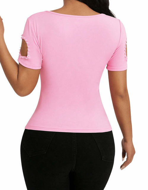 Load image into Gallery viewer, SOLY HUX Women's Beaded Cut Out Short Sleeve Tee Pink Size M
