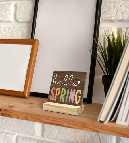 ANIANG Hello Spring Rustic Wood Plaque Sign with Stand Farmhouse Decor