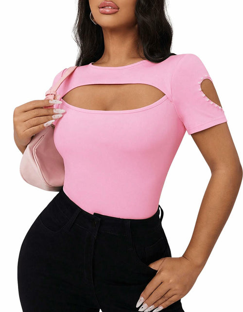 Load image into Gallery viewer, SOLY HUX Women's Beaded Cut Out Short Sleeve Tee Pink Size M
