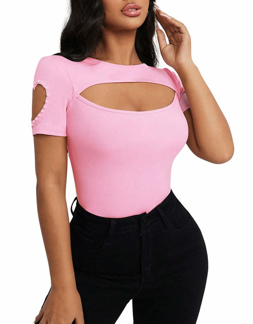 Load image into Gallery viewer, SOLY HUX Women's Beaded Cut Out Short Sleeve Tee Pink Size M
